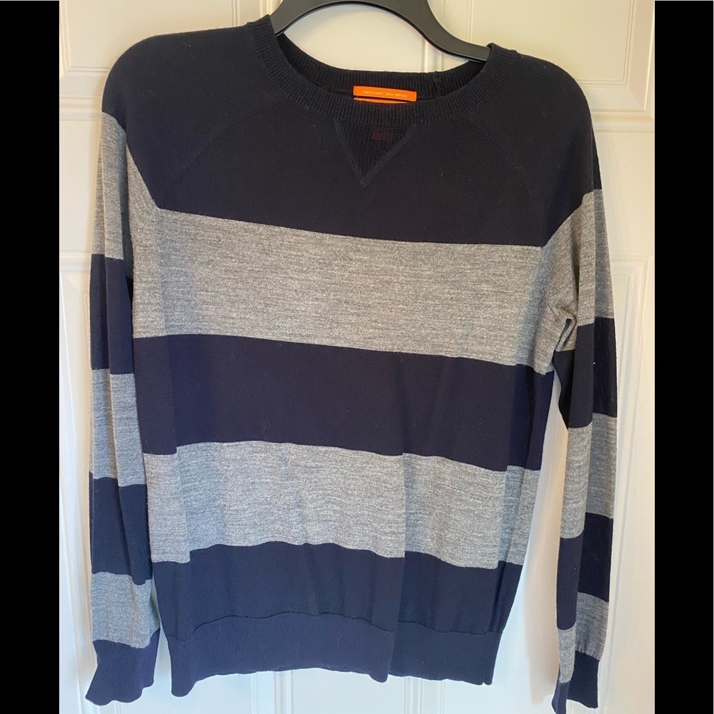 Merino Wool Sweater Small Navy Gray Stripe Pullover Crew Neck Lightweight